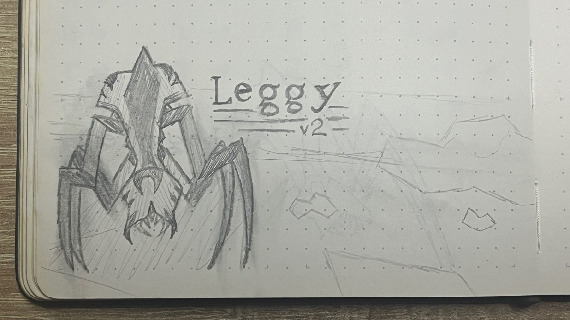 A pencil drawing of an Antlion Soldier from Half-Life 2, labelled "Leggy v2"
