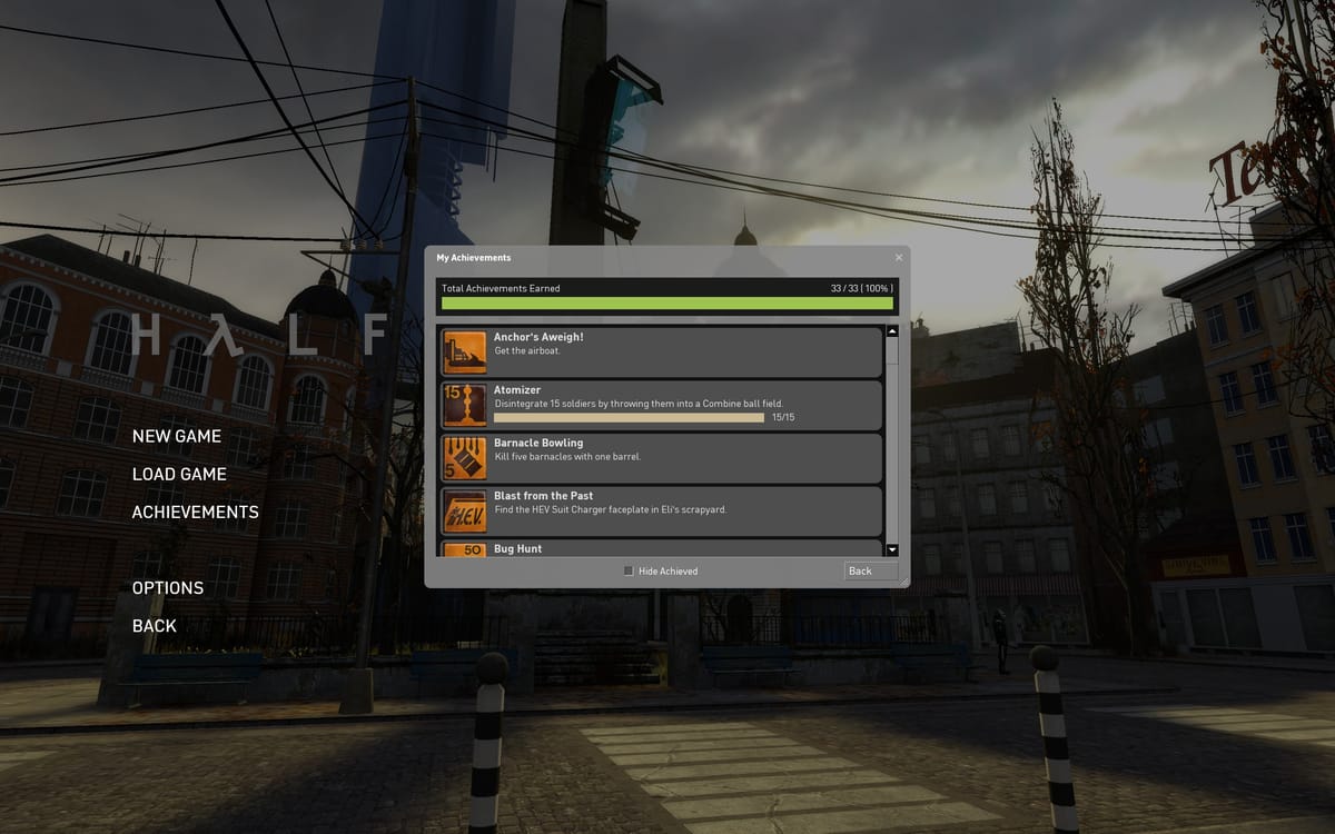 The achievement screen for the game, showing 33/33 of the achievements as complete.