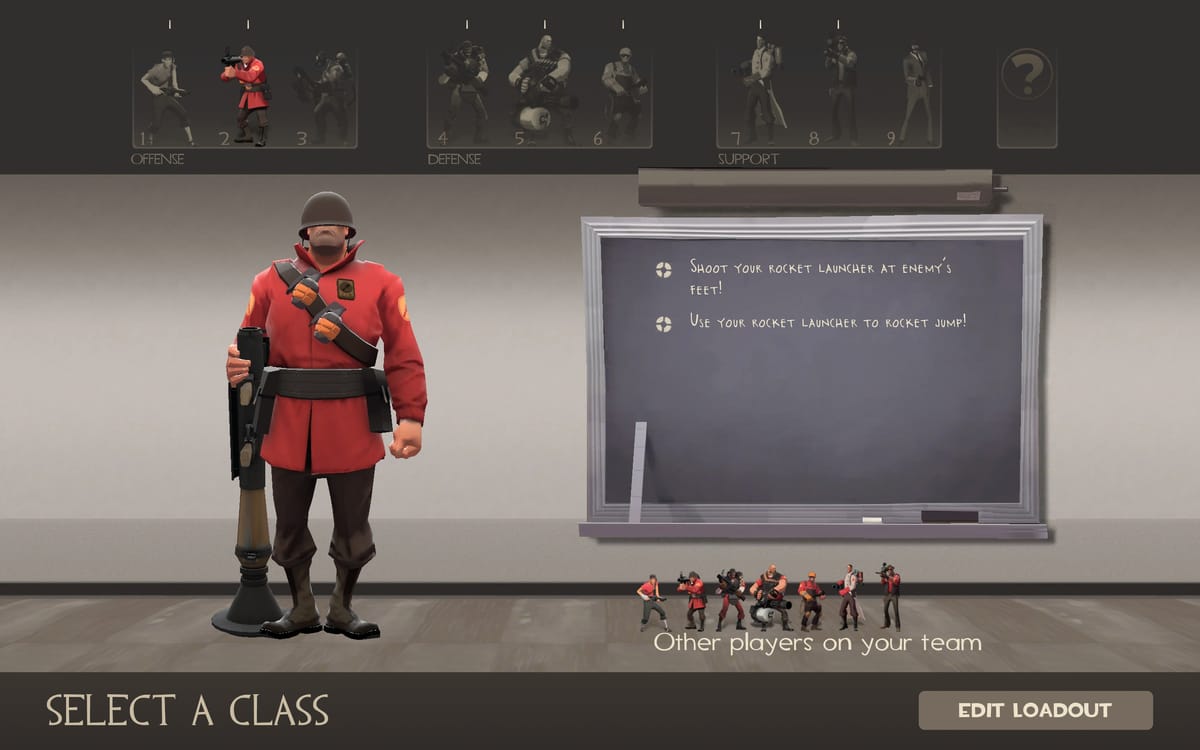 The class selection screen in TF2, focused on the Soldier.