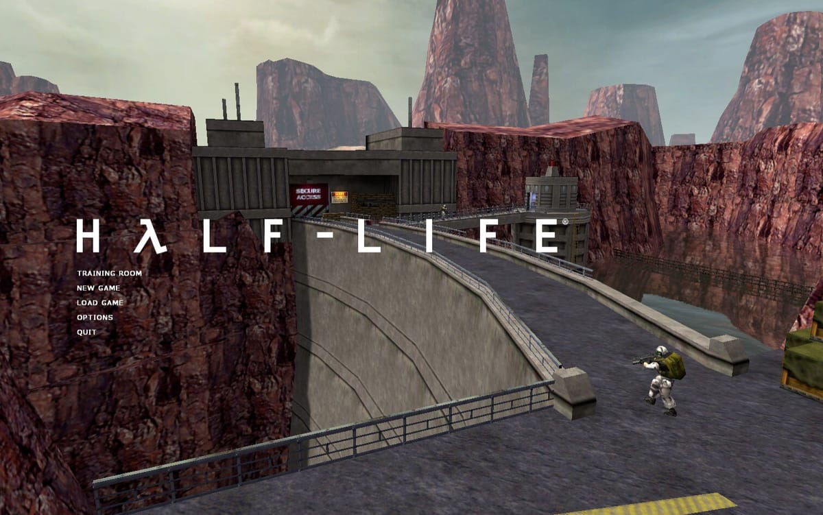 The main menu screen of Half-Life: Source. The background is set to the Black Mesa Dam from Surface Tension.