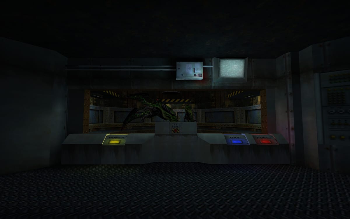 A screenshot from the Blast Pit chapter of Half-Life. The view is from the main control room looking into the Tentacle-infested silo.