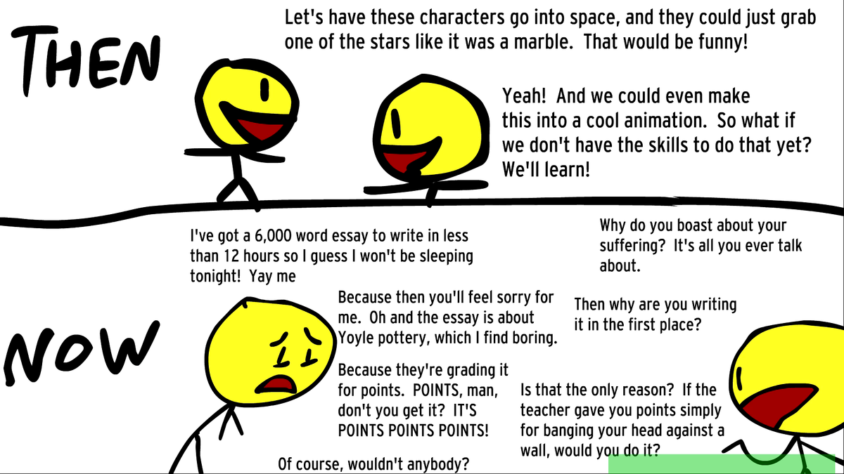 A screenshot from carykh's TWOW 3A, talking about how people around him have grown more conformist and less imaginative.