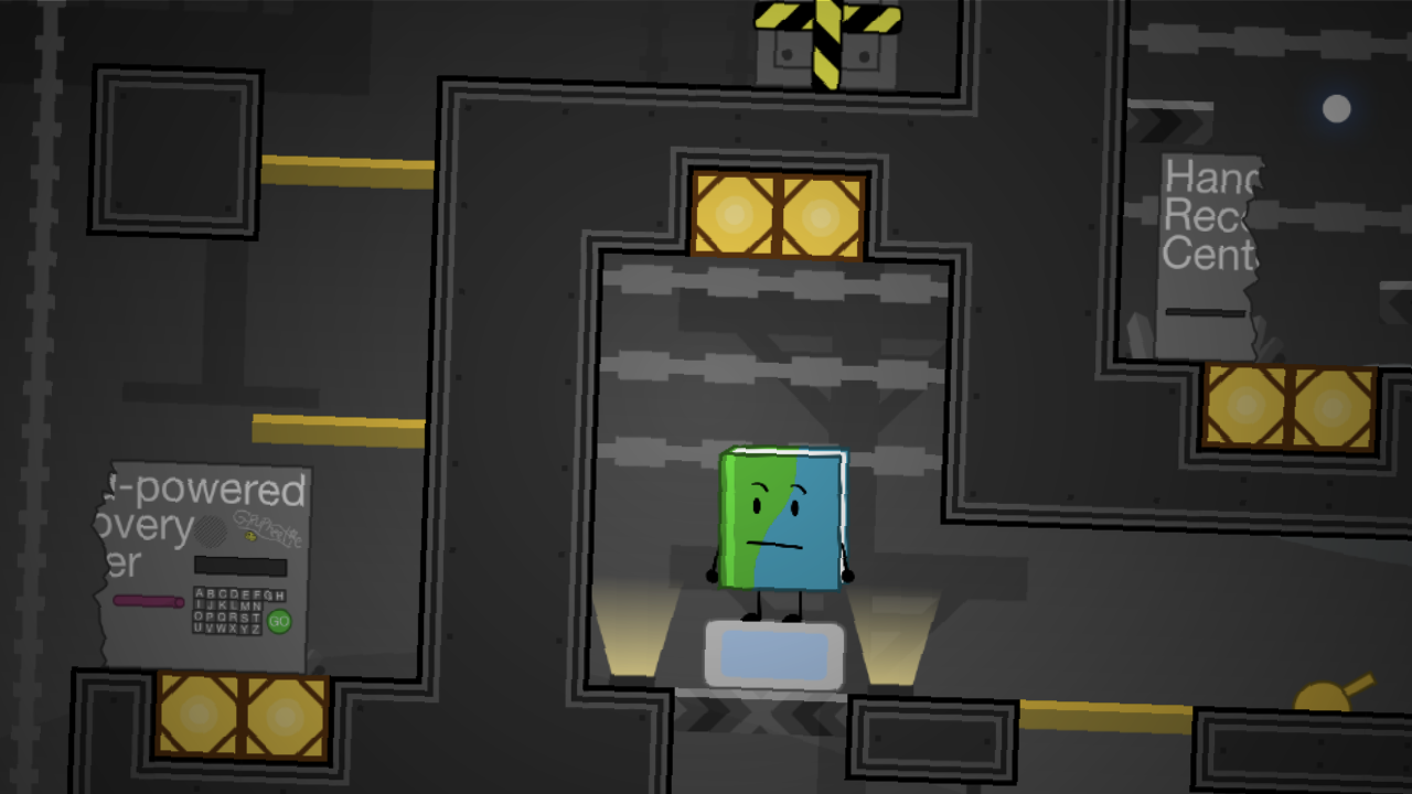 A screenshot from BFDIA 5b, book is stuck in a cell blocked by a blue slab.