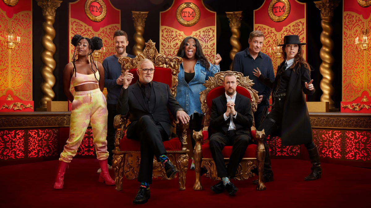 Promotional image for Taskmaster UK Series 13. Featuring Greg Davies and Alex Horne in their thrones with all five contestants behind them.