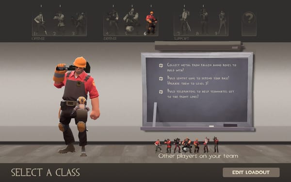 The class selection screen in TF2, focused on the Engineer.