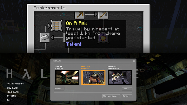 A collage of two screenshots. The first one of old Minecraft, highlighting the On A Rail achievement. The second image is of Half-Life: Source, highlighting Chapter 8, On A Rail.