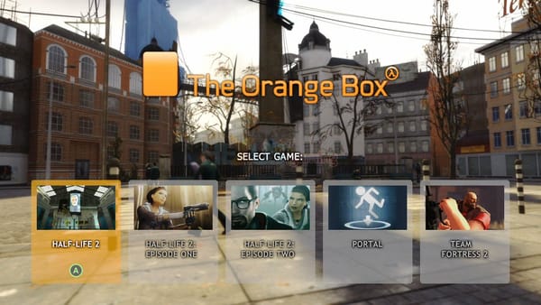 The main menu for The Orange Box in the XBOX 360.