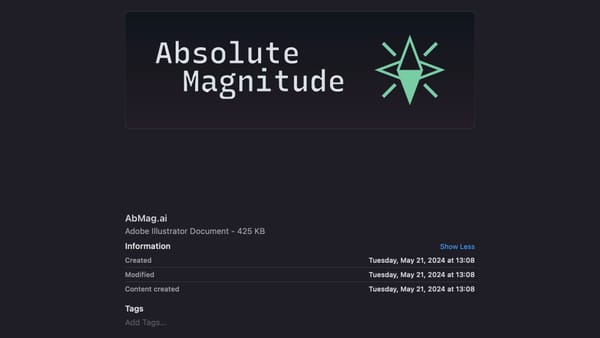 A screenshot of a file named "AbMag.ai", made in May 2024. Featuring the text "Absolute Magnitude" next to the EyeSpark logo.
