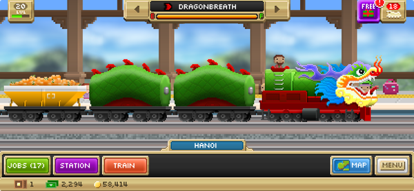 A screenshot of Pocket Trains. A Dragonbreath train in Hanoi station.