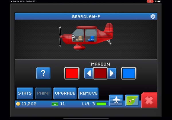 A screenshot of Pocket Planes from December 2021. A plane is selected and being repainted.