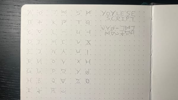 A Yoylese Script reference sheet written on the back of my notebook.