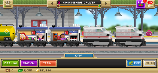 A screenshot of Pocket Planes. A Gila Standard train labelled "Continental Cruiser" is in Kyiv station.