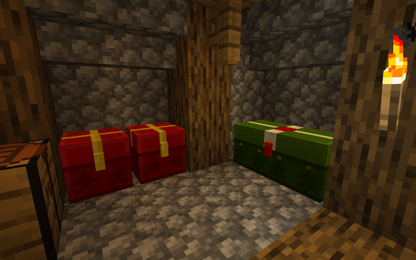 The Christmas chests for Minecraft. The single chests are red and gold, while double chests are green, white, and red.