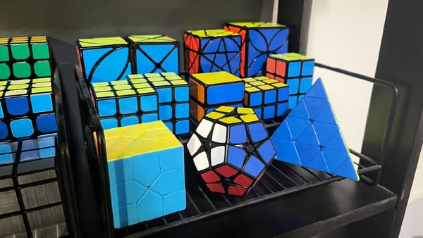 The bottom shelf of my cubeshelf, focused only on the non-3x3 and non-WCA puzzles.